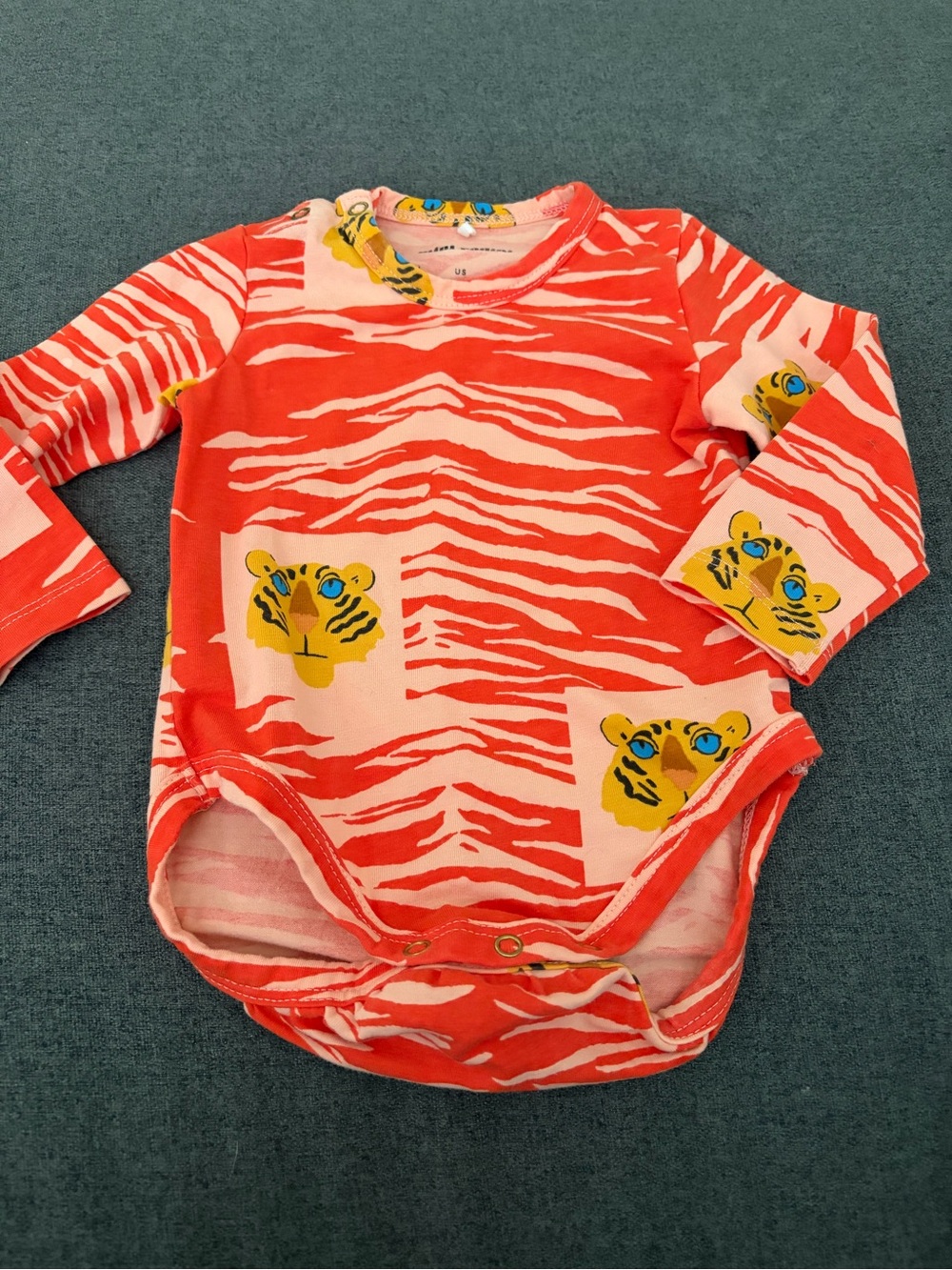 Mini Rodini Coral and Light Pink Tiger Print One-Piece Bodysuit